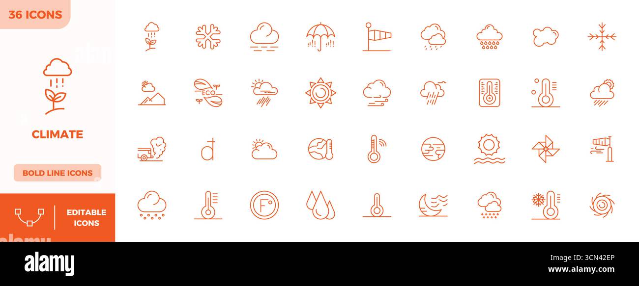 This Climate vector icon pack includes 36 Bold Line designs in 128x128 PIXEL perfect format, perfect for enhancing digital interfaces. Stock Vector