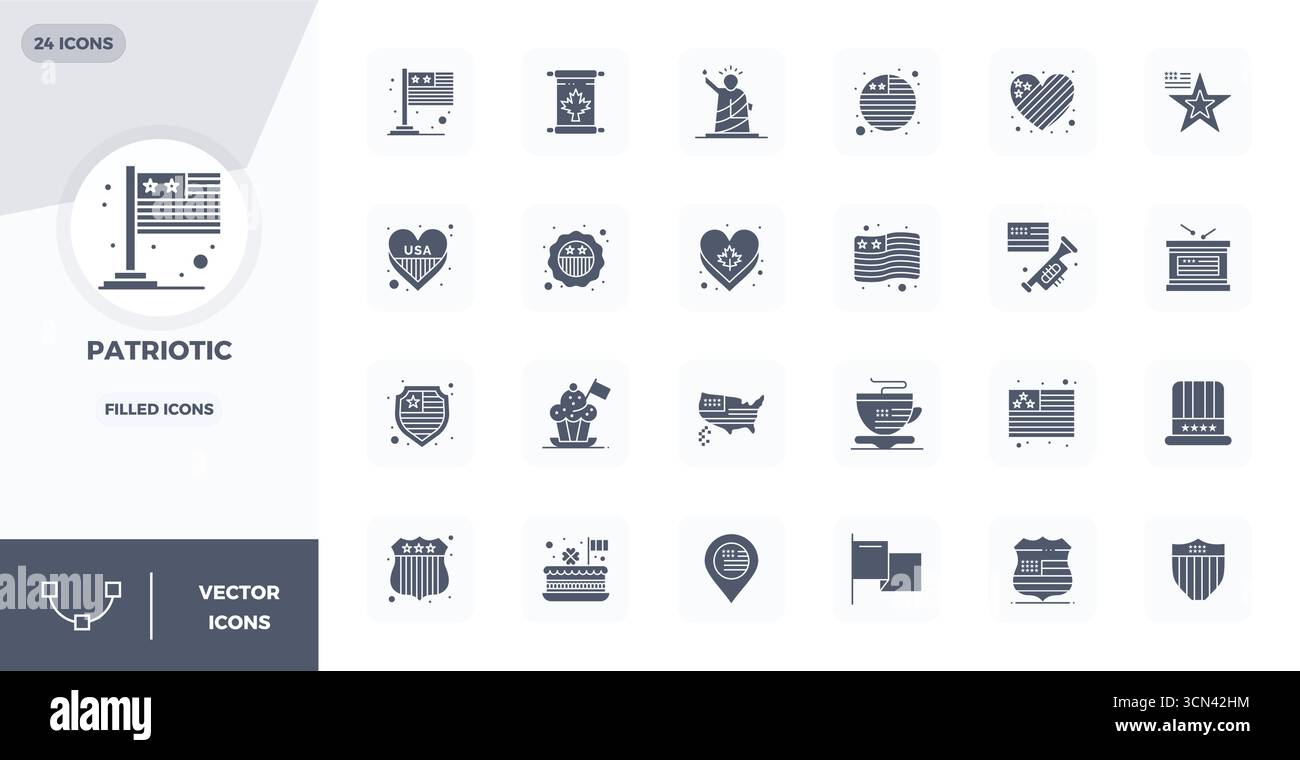 Comprehensive bundle featuring 24 vector icons in Glyph Filled design for Patriotic, delivered in crisp 128x128 PIXEL perfect quality. Stock Vector