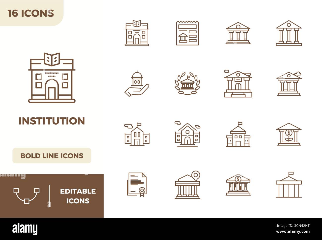 Contemporary collection of 16 vector icons representing Institution in ...