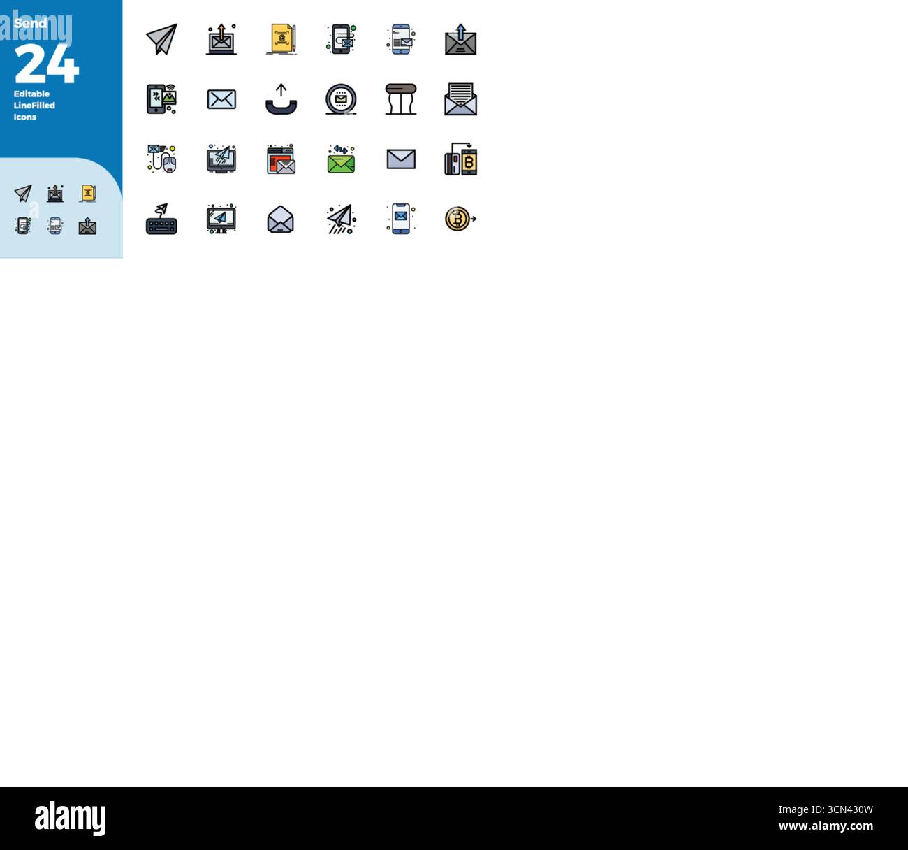 Unlock 24 Flat Line Filled PIXEL perfect vector icons inspired by Send, optimized in 128x128 format for flawless display across all devices. Stock Vector