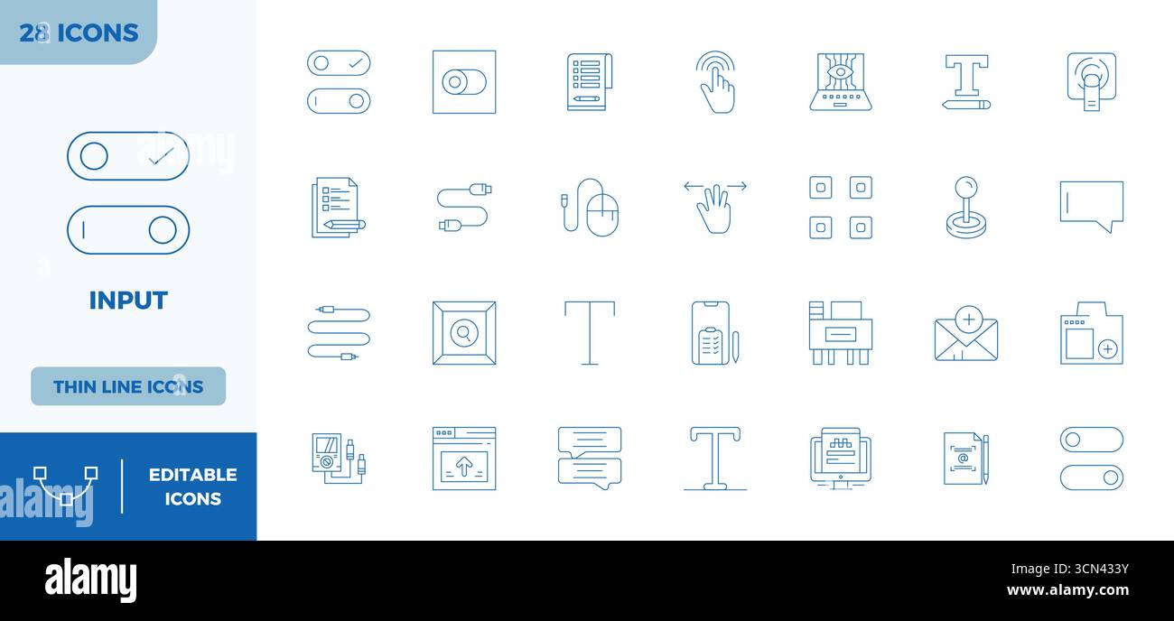 Masterfully created 28 vector icons representing Input in Thin Outline design, featuring 128x128 PIXEL perfect resolution for exceptional visual quali Stock Vector