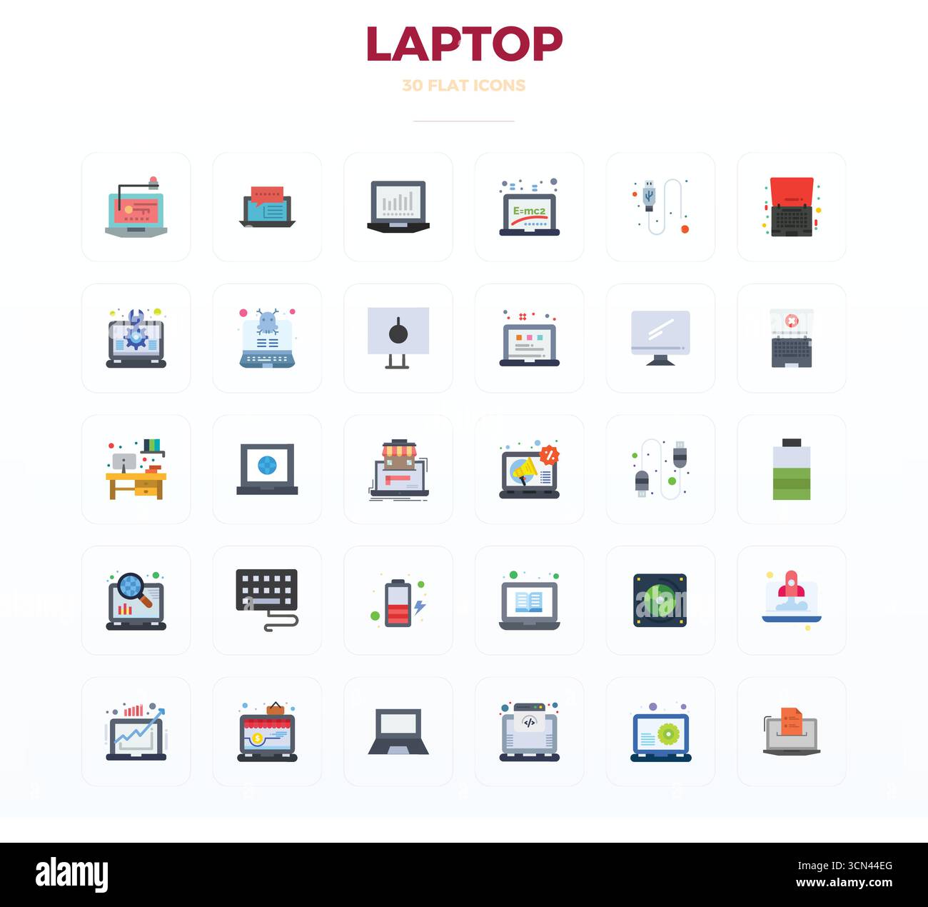 High-performance collection of 30 Flat vector icons for Laptop, engineered with 128x128 PIXEL perfect resolution for optimal user interface design. Stock Vector
