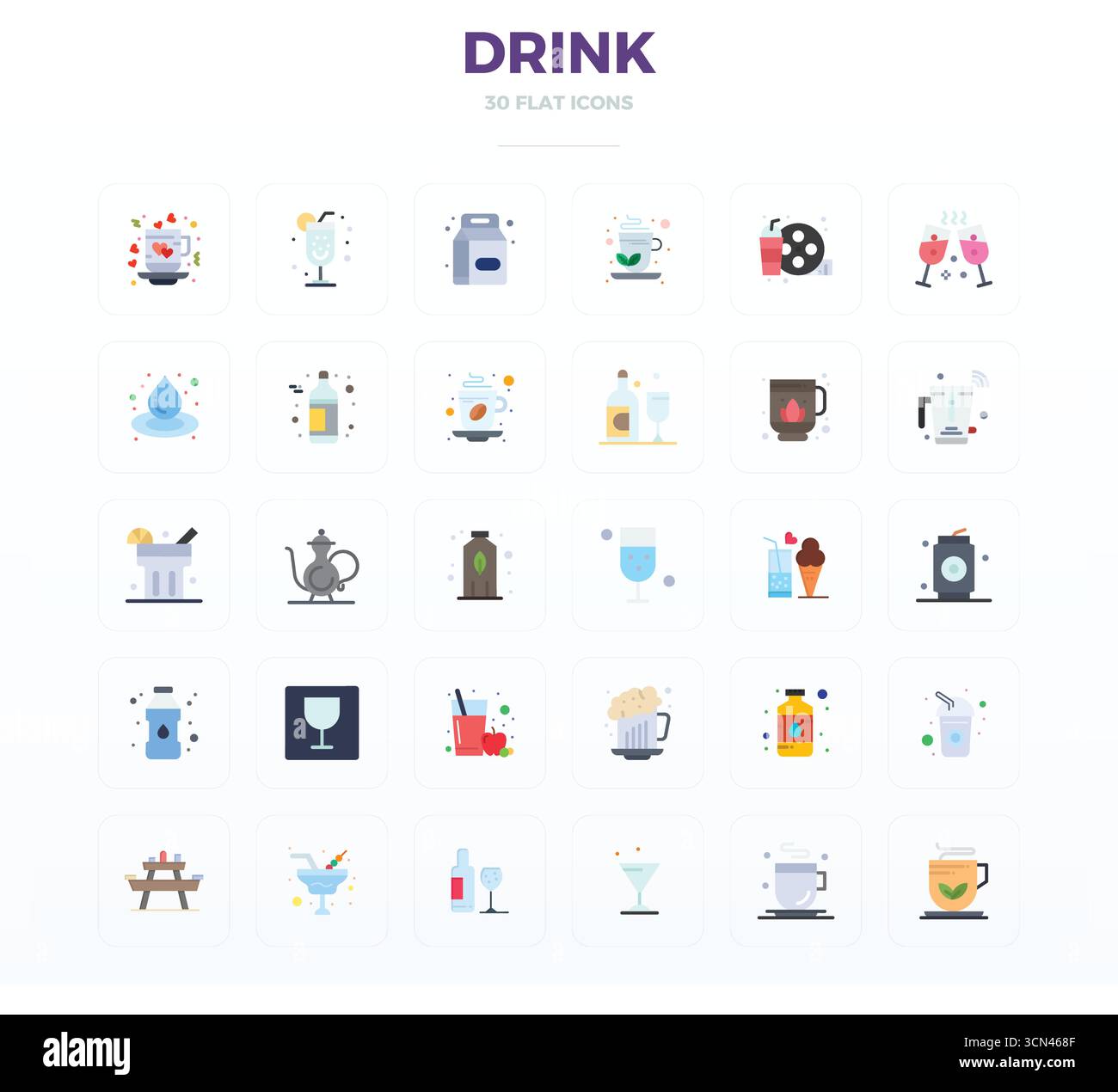 High-performance collection of 30 Flat vector icons for Drink, engineered with 128x128 PIXEL perfect resolution for optimal user interface design. Stock Vector