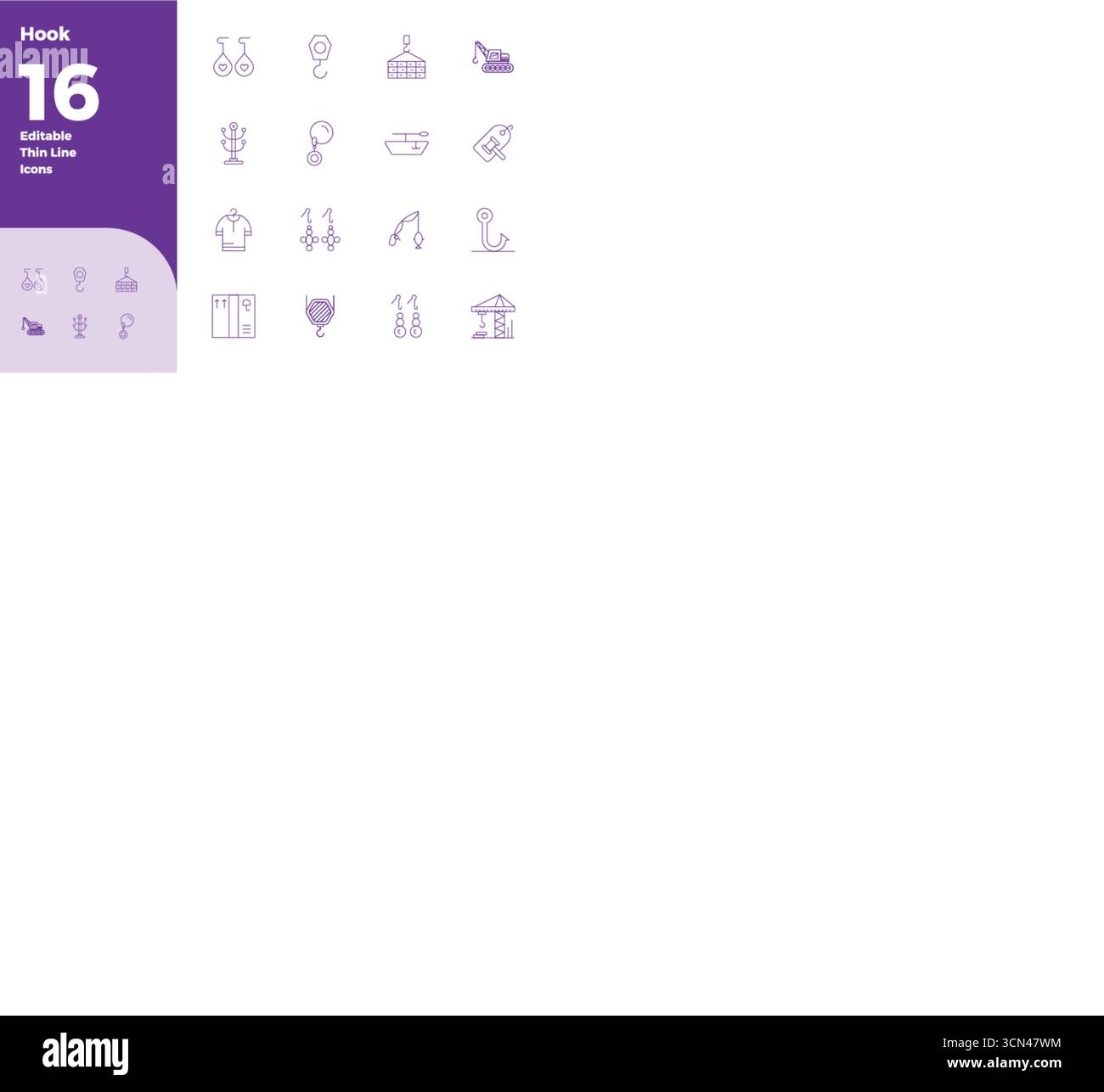 Enhance your projects with 16 Thin Outline vector icons themed around Hook, featuring 128x128 PIXEL perfect resolution ideal for clean and professiona Stock Vector