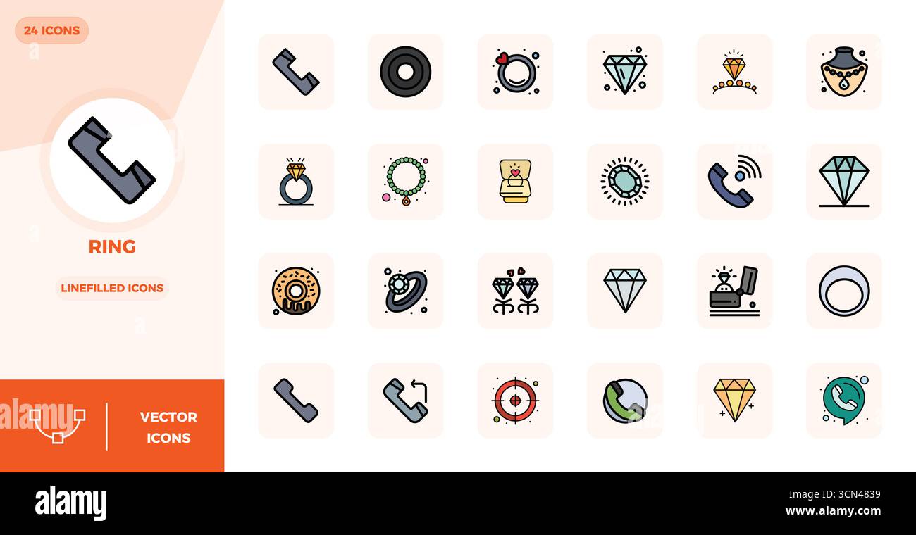 Masterfully created 24 vector icons representing Ring in Lineal Filled Flat design, featuring 128x128 PIXEL perfect resolution for exceptional visual Stock Vector