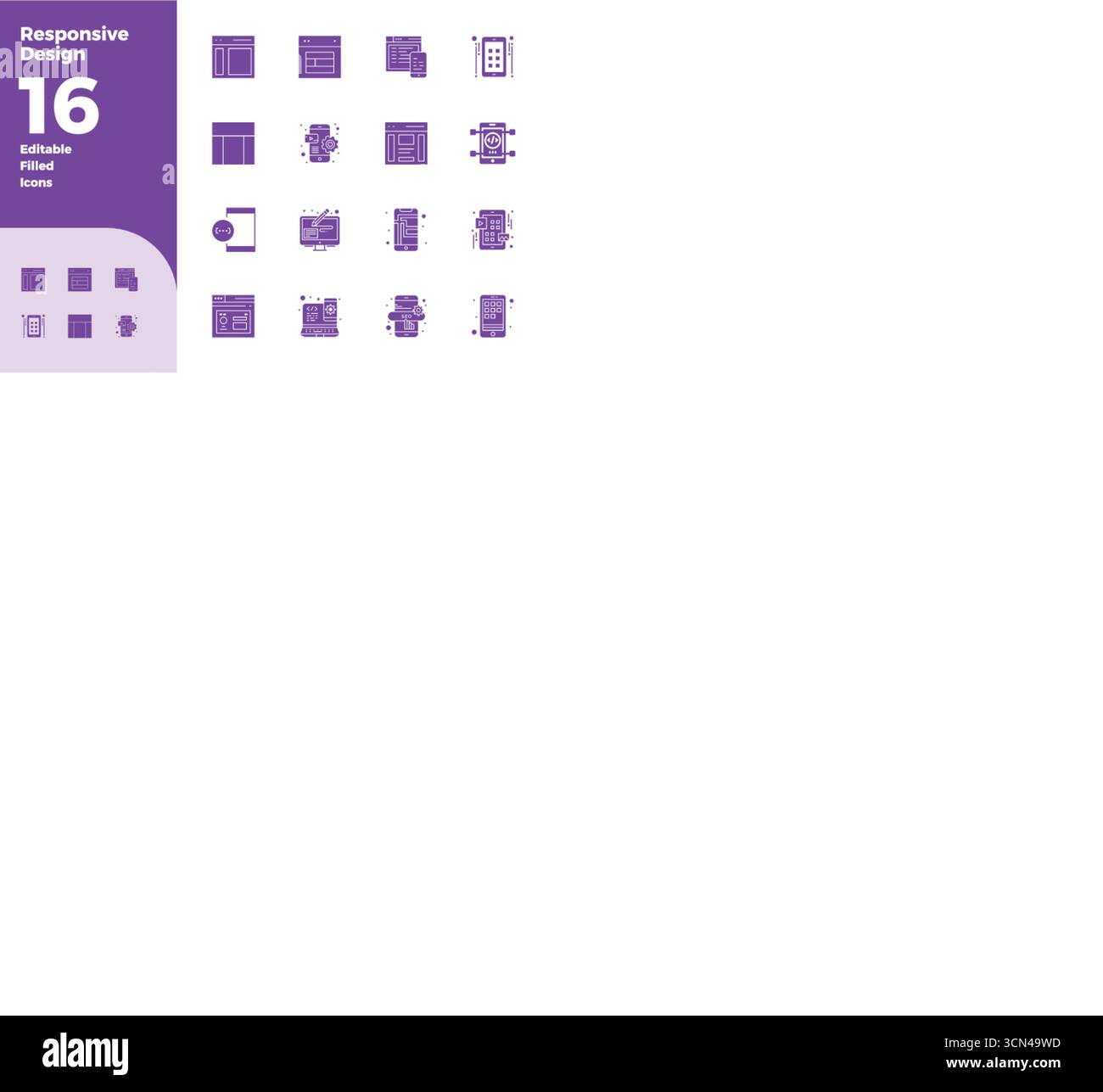 Carefully curated 16 Filled vector icons for Responsive Design, featuring 128x128 PIXEL perfect resolution for consistent brand representation and use Stock Vector