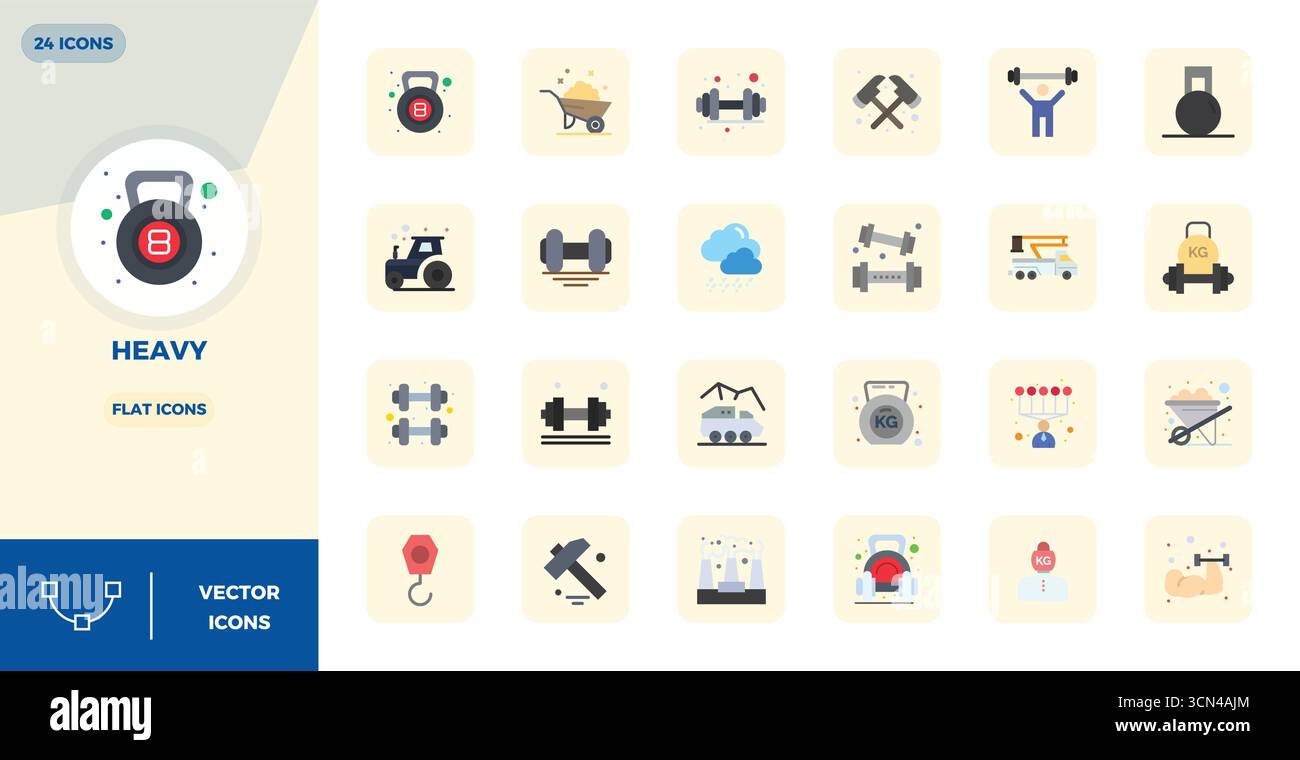 Download 24 scalable Flat vector icons designed for Heavy, featuring PIXEL perfect 128x128 resolution suitable for professional and creative projects. Stock Vector