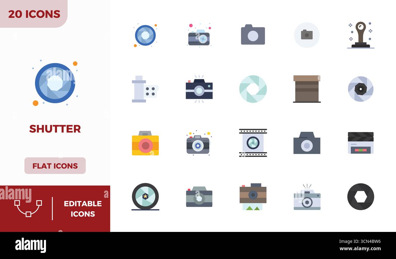 Meticulously crafted 20 Flat Colorful vector icons for Shutter, delivered in 128x128 PIXEL perfect quality for uncompromising design standards. Stock Vector