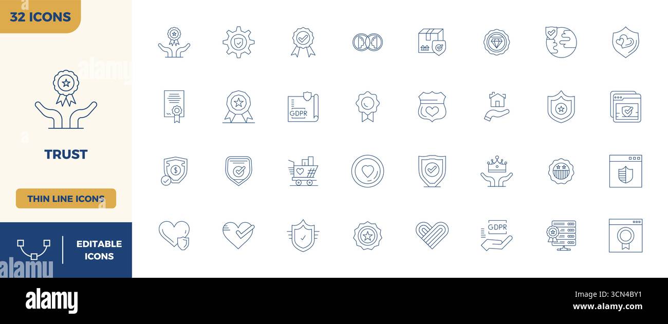 This Trust vector icon pack includes 32 Thin Outline designs in 128x128 PIXEL perfect format, perfect for enhancing digital interfaces. Stock Vector