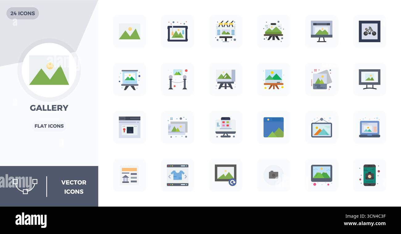 A clean collection of 24 Flat vector icons representing Gallery ...