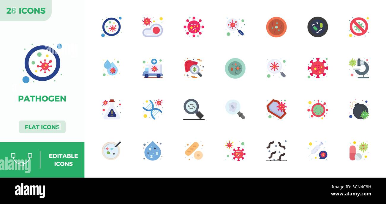 Contemporary collection of 28 vector icons representing Pathogen in ...