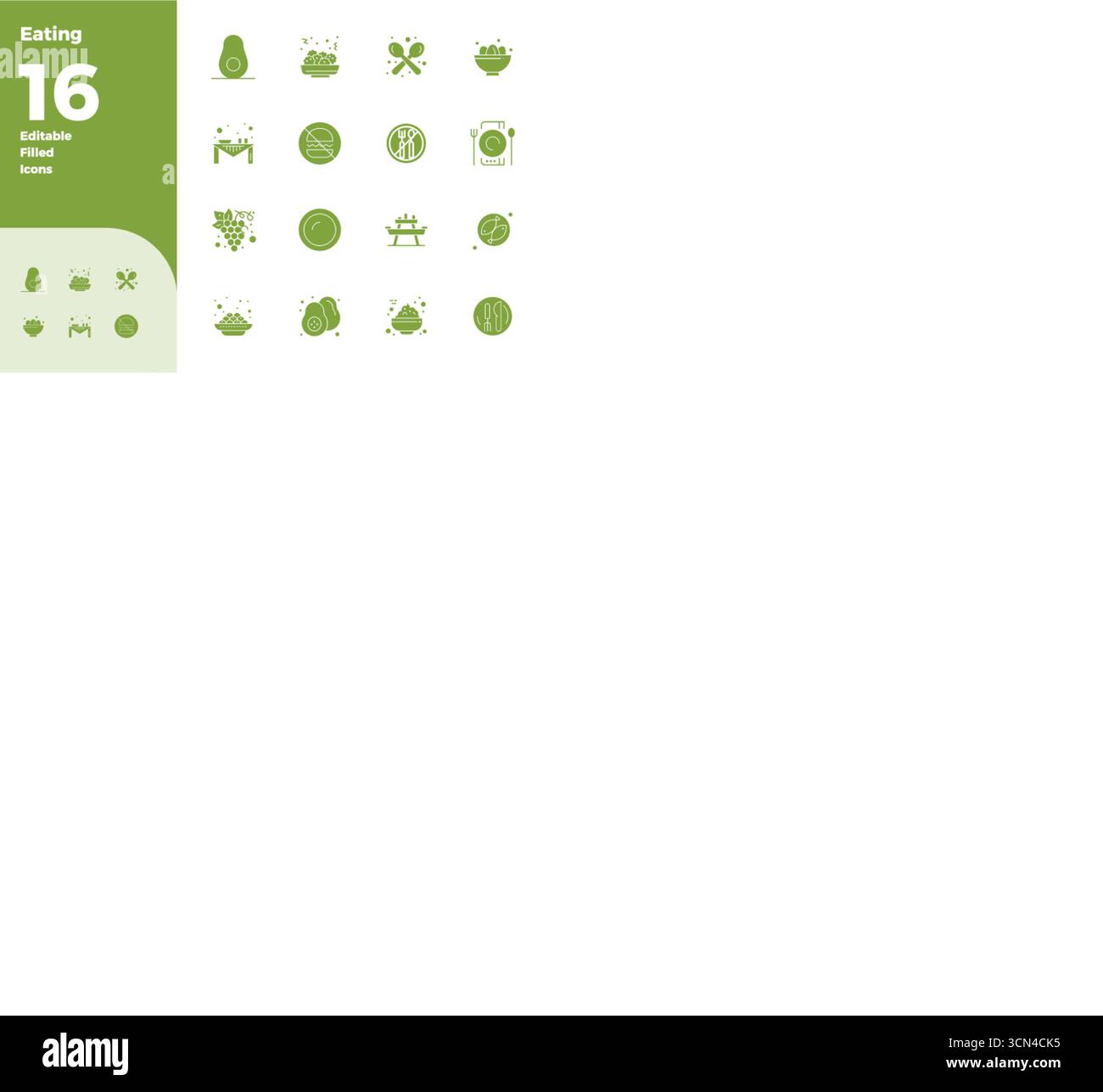 Transform your designs with 16 Filled vector icons themed around Eating, engineered in 128x128 PIXEL perfect resolution for maximum clarity. Stock Vector