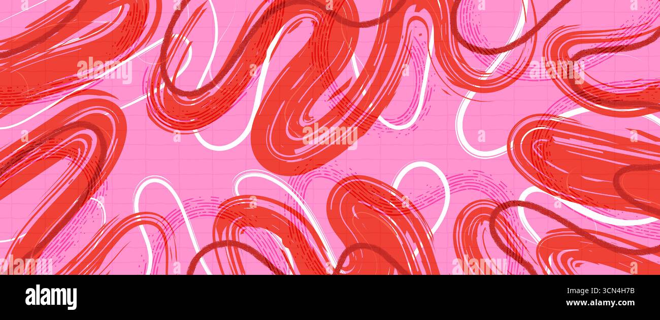 Abstract Background with Red Brush Stroke Pattern and White Lines on Pink Background Stock Vector