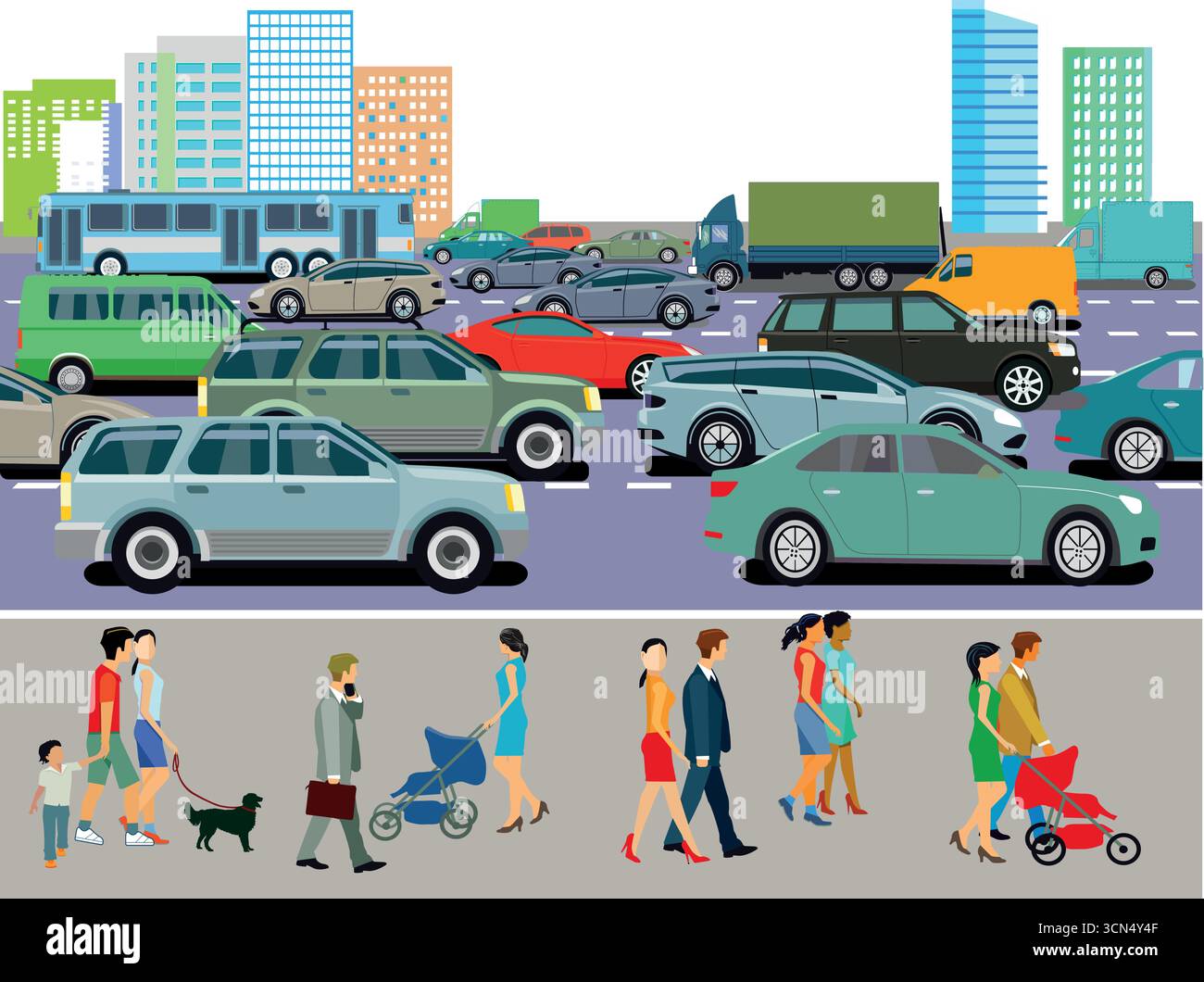 City skyline with cars in a traffic jam, illustration Stock Vector ...