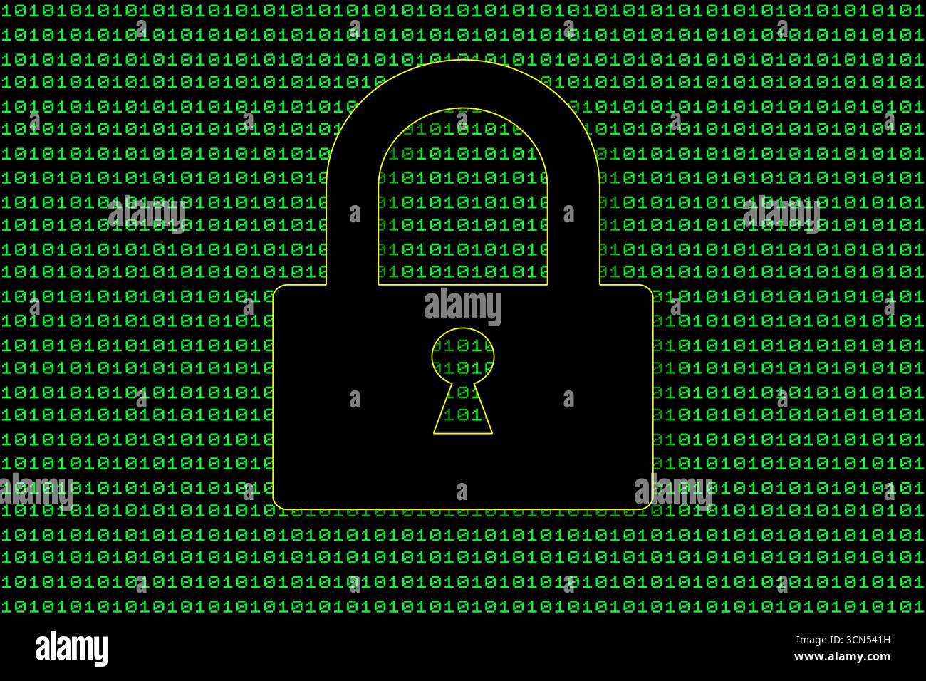 A digital padlock icon set against a green background, illuminated by cascading streams of binary code Stock Photo