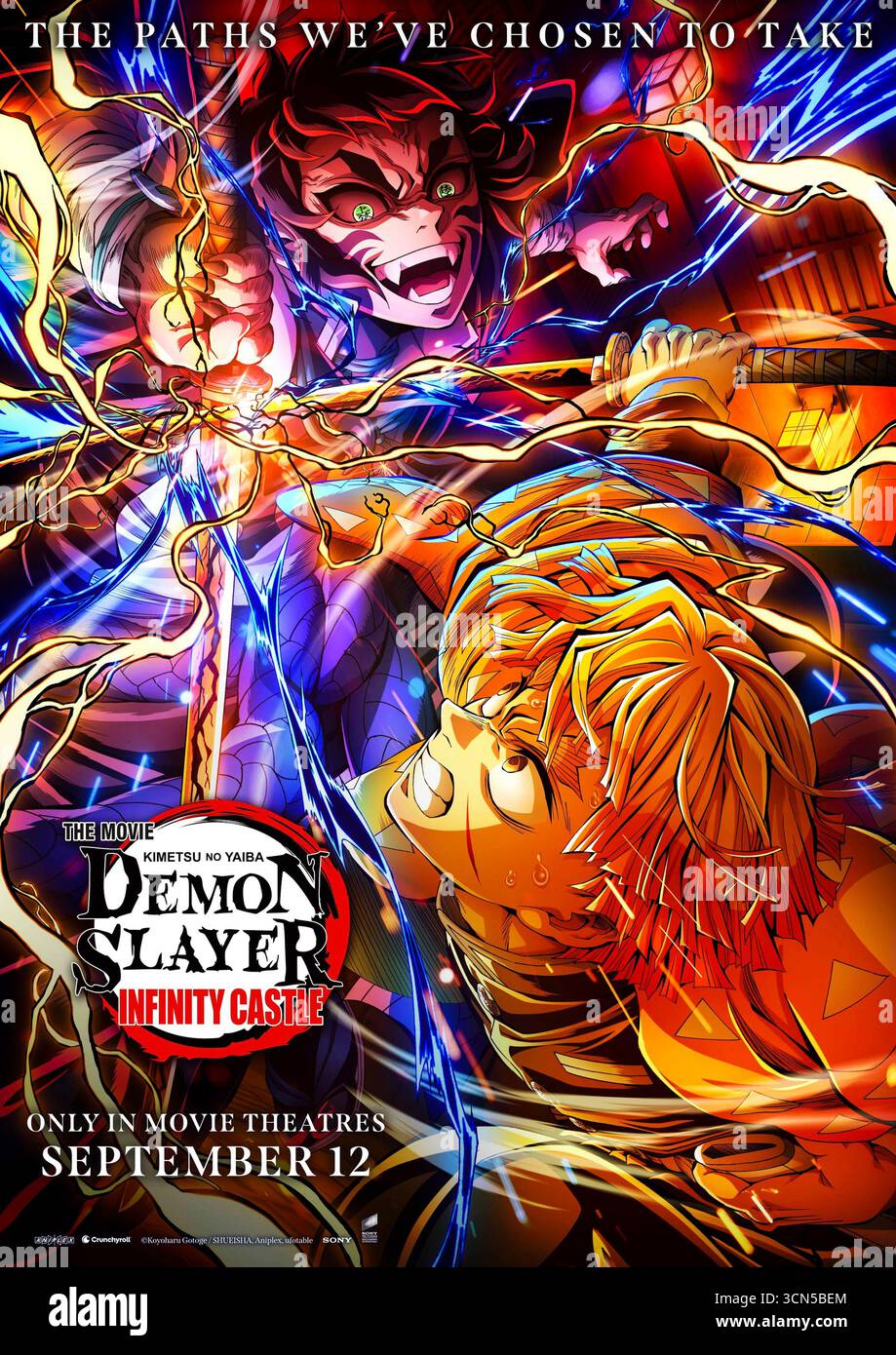 Demon Slayer: Kimetsu no Yaiba – Infinity Castle (2025) directed by Haruo Sotozaki and starring Natsuki Hanae, Akari Kitō and Yoshitsugu Matsuoka.  The Demon Slayer Corps are trapped inside Muzan Kibutsuji’s stronghold known as the Infinity Castle where they must battle powerful Upper Rank demons and face personal losses. US one sheet poster EDITORIAL USE ONLY. Credit: BFA / Crunchyroll Stock Photo