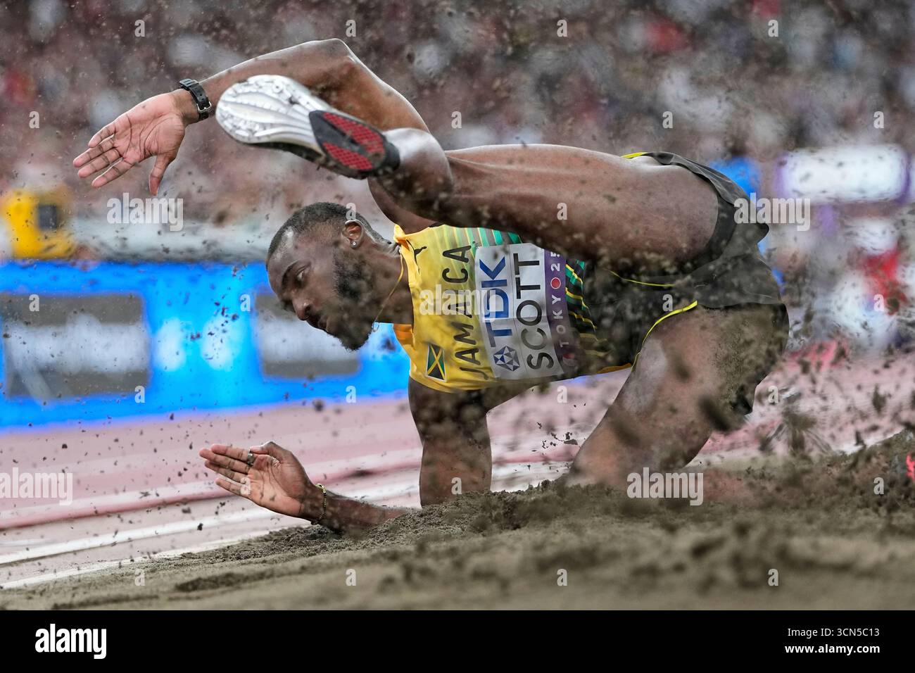Jamaica's Jordan Scott competes in the men's triple jump final at the ...