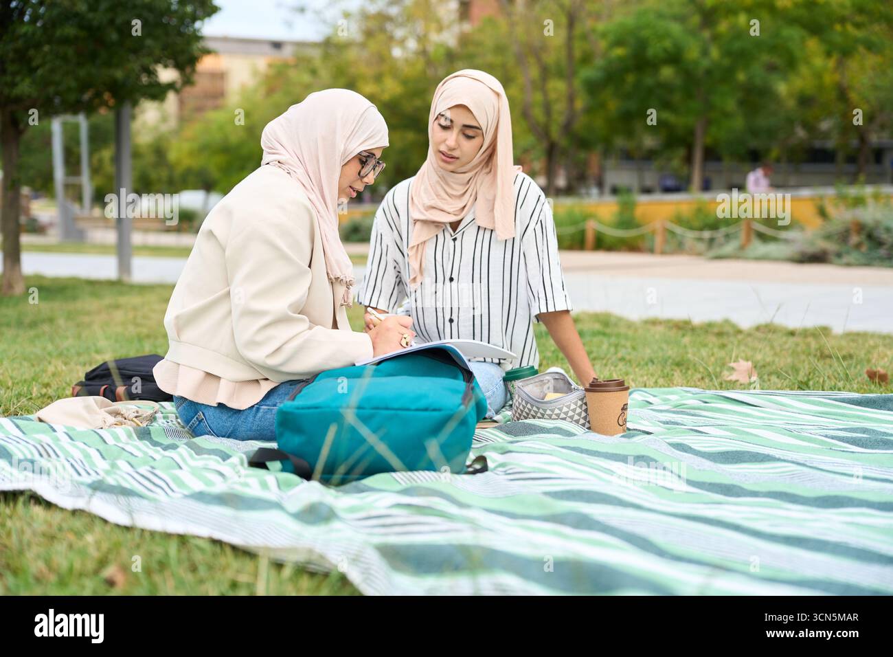 Muslim students studying together on green grass Stock Photo