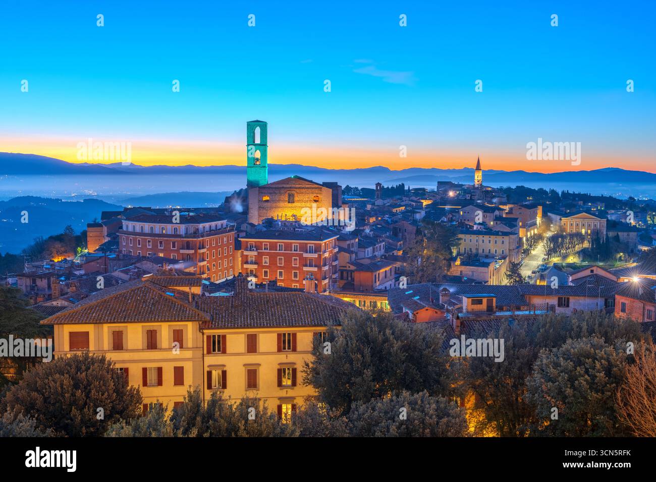 Perugia, Italy, the capital city of Umbria, at dawn. Stock Photo