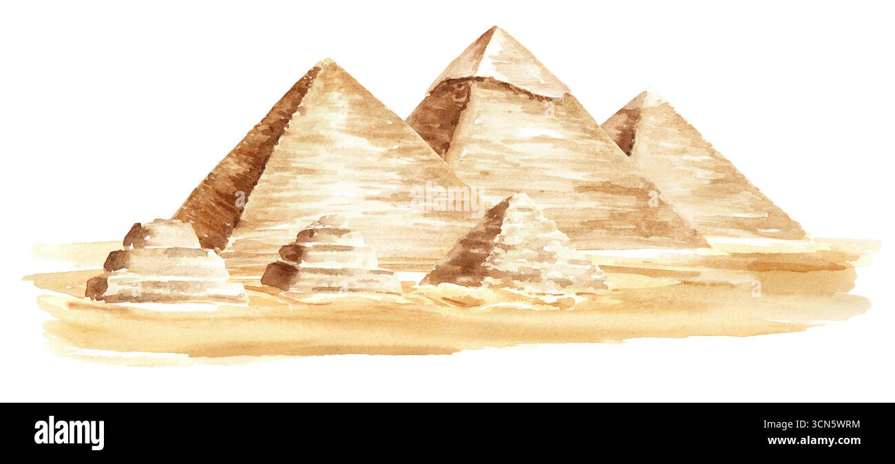 Pyramids of Egypt. Hand drawn watercolor illustration, isolated on ...
