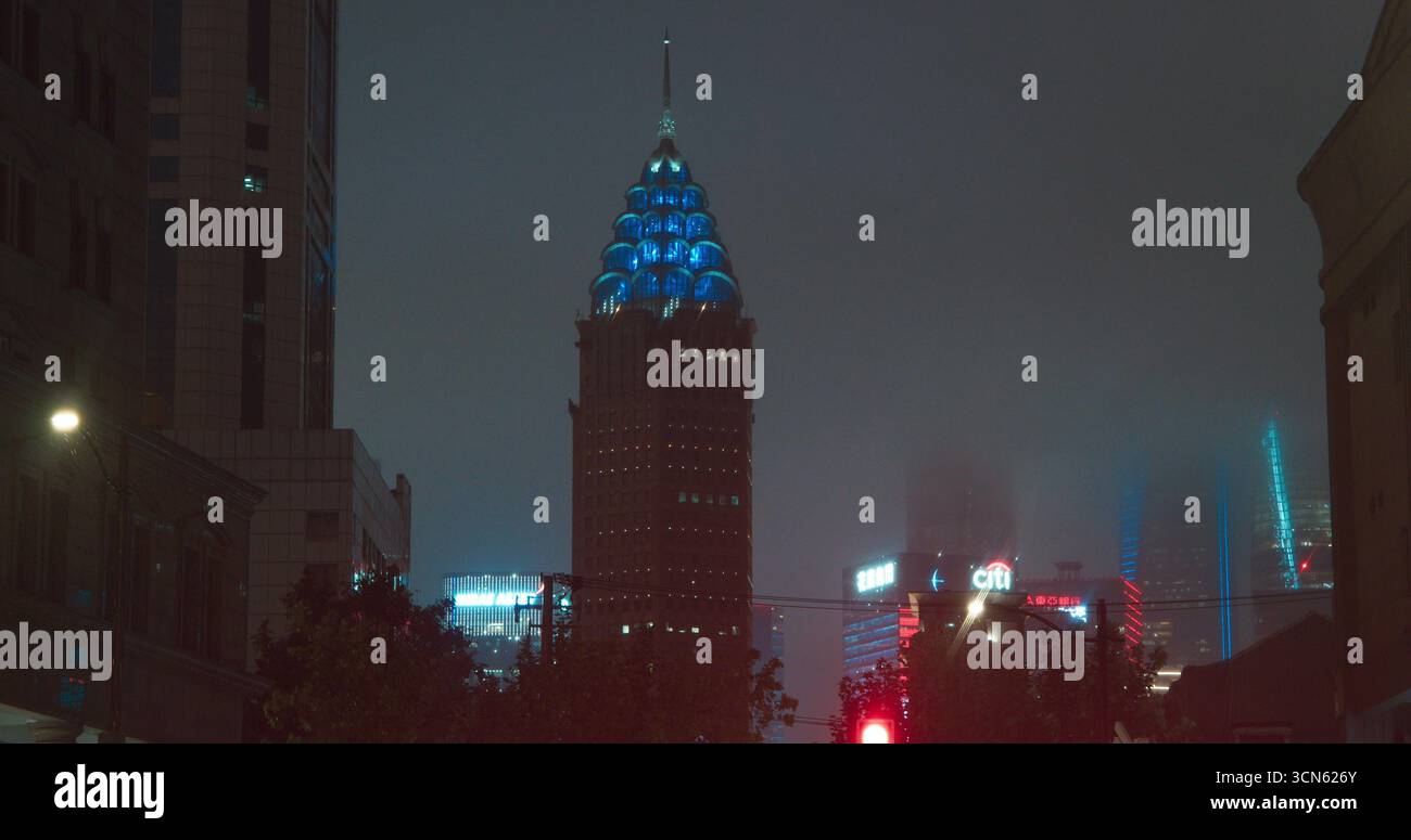 Shanghai, China. Night Street Of Shanghai. High-rise House Elevated ... - High-Rise Urban Areas