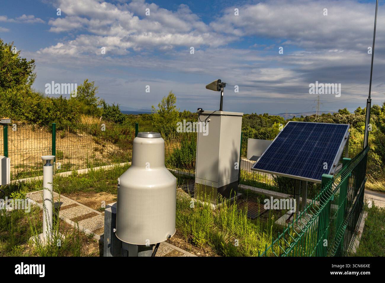 Meteorological station on the island of Rab in Croatia, measuring wind speed, air humidity, and air temperature Stock Photo