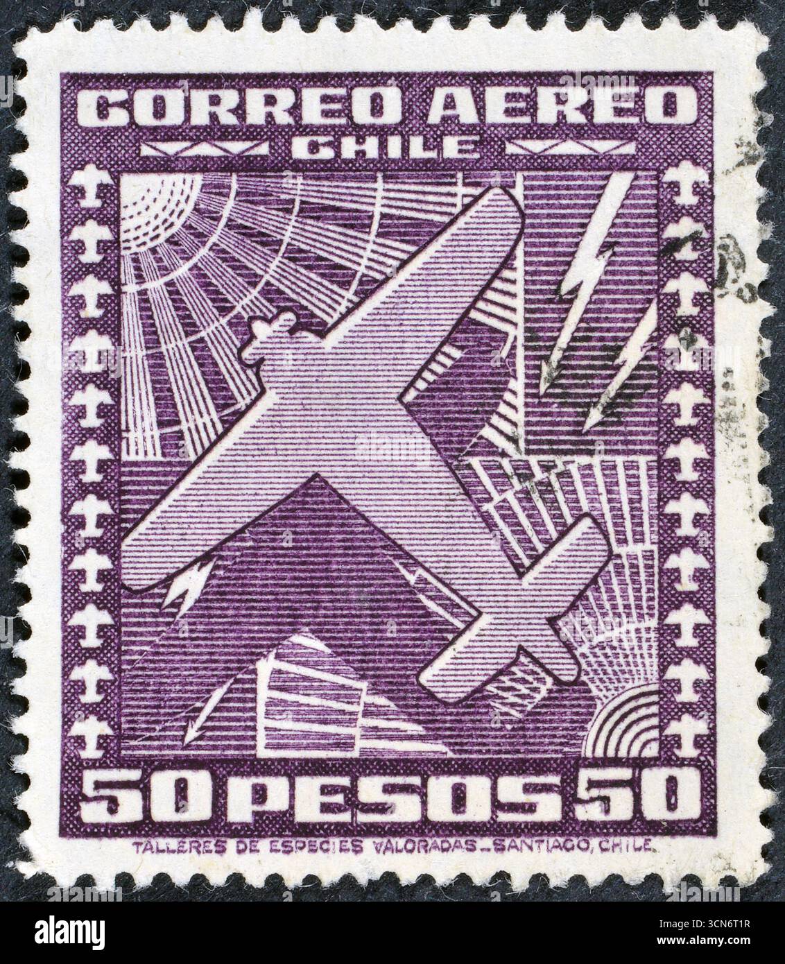 Cancelled postage stamp printed by Chile, that shows Airplane and wind rose, circa 1934. Stock Photo