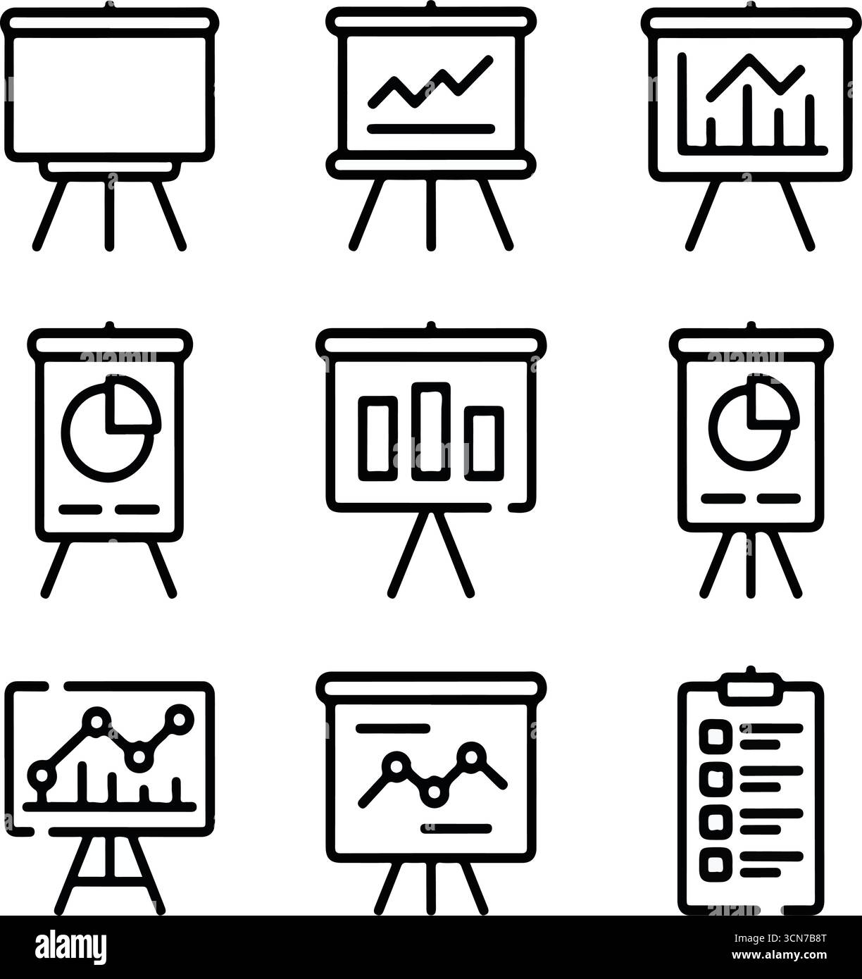 Black and white business presentation icon set with charts, graphs, and infographics Stock Vector