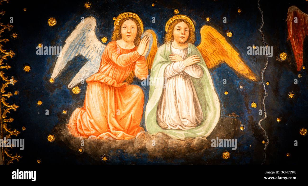 MILAN, ITALY – JULY 31 2025: Fresco of two angels on a starry sky
