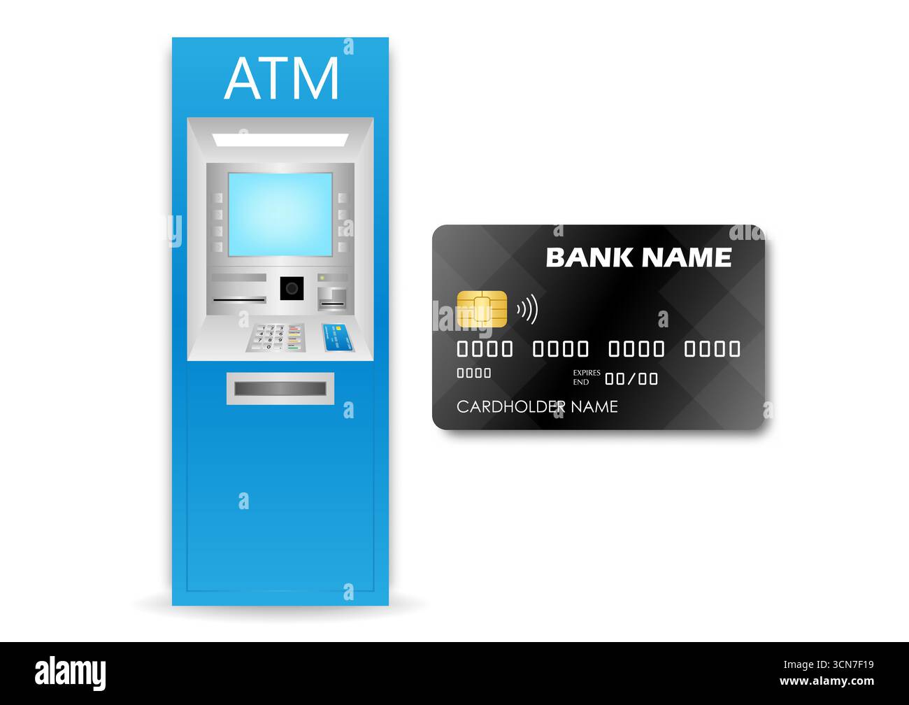 Credit Card, ATM Card or Debit Card  and ATM- Automated Teller Machine. Paying, Withdrawing or Transferring Money Concept. Vector Illustration. Stock Vector