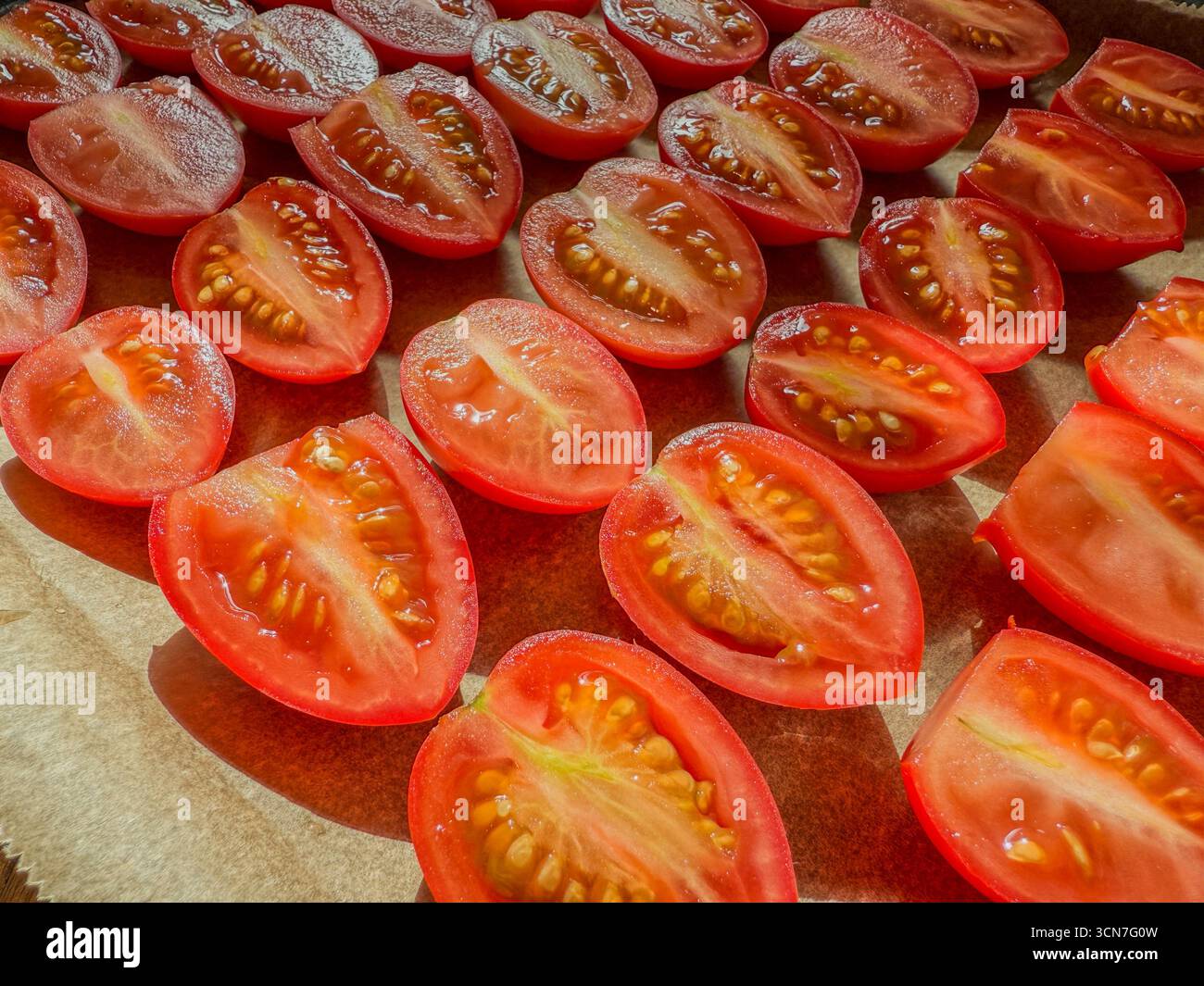 Sliced plum tomatoes on baking tray sprinkled with salt ready for oven drying to make homemade sun dried tomatoes: Phillip Roberts - Smartphone Captured Stock Image