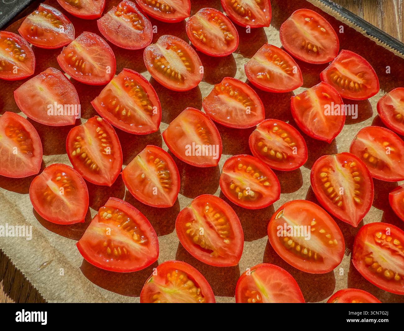 Sliced plum tomatoes on baking tray sprinkled with salt ready for oven drying to make homemade sun dried tomatoes: Phillip Roberts - Smartphone Captured Stock Image