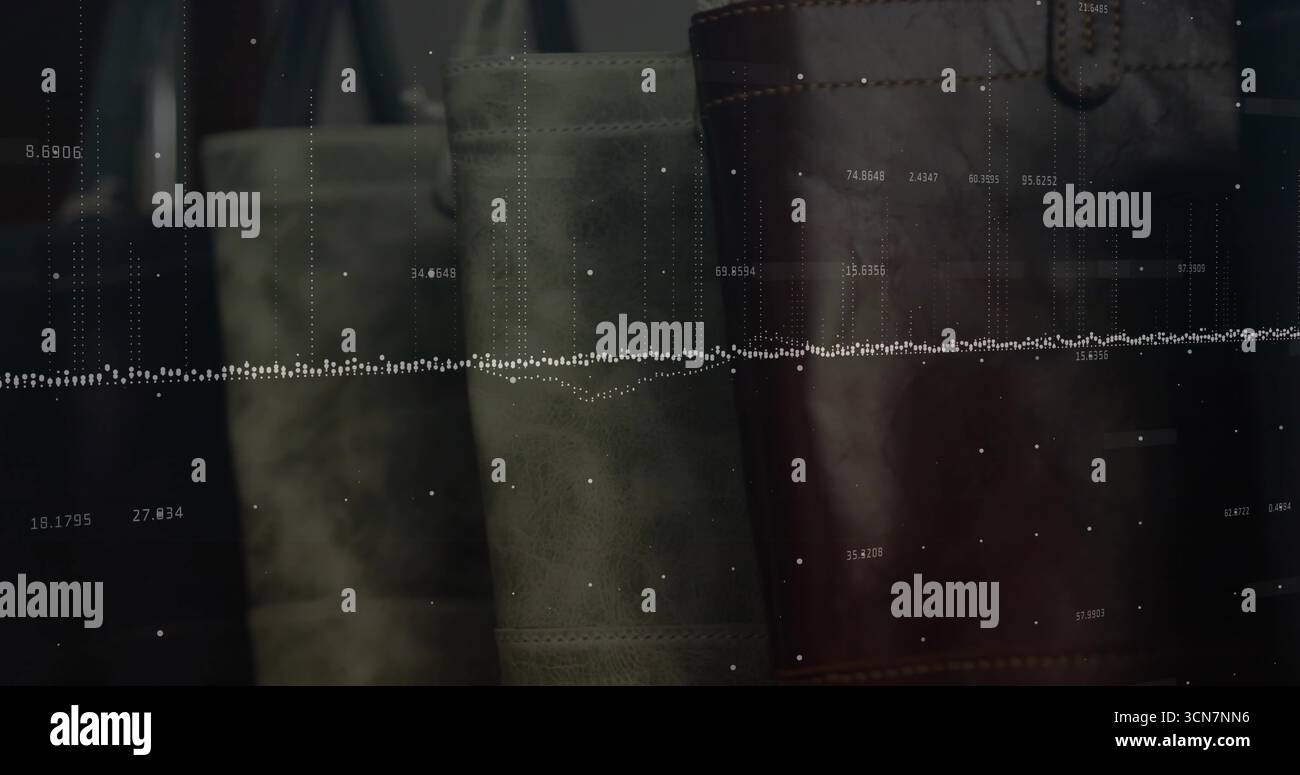 Displaying muted green cylindrical suede forms on dark UI, overlaying waveform with numeric labels Stock Photo