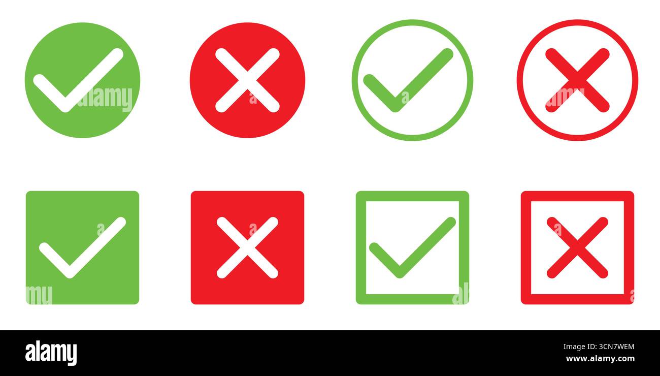 green tick and red x, set of OK check mark and X cross icon symbol ...