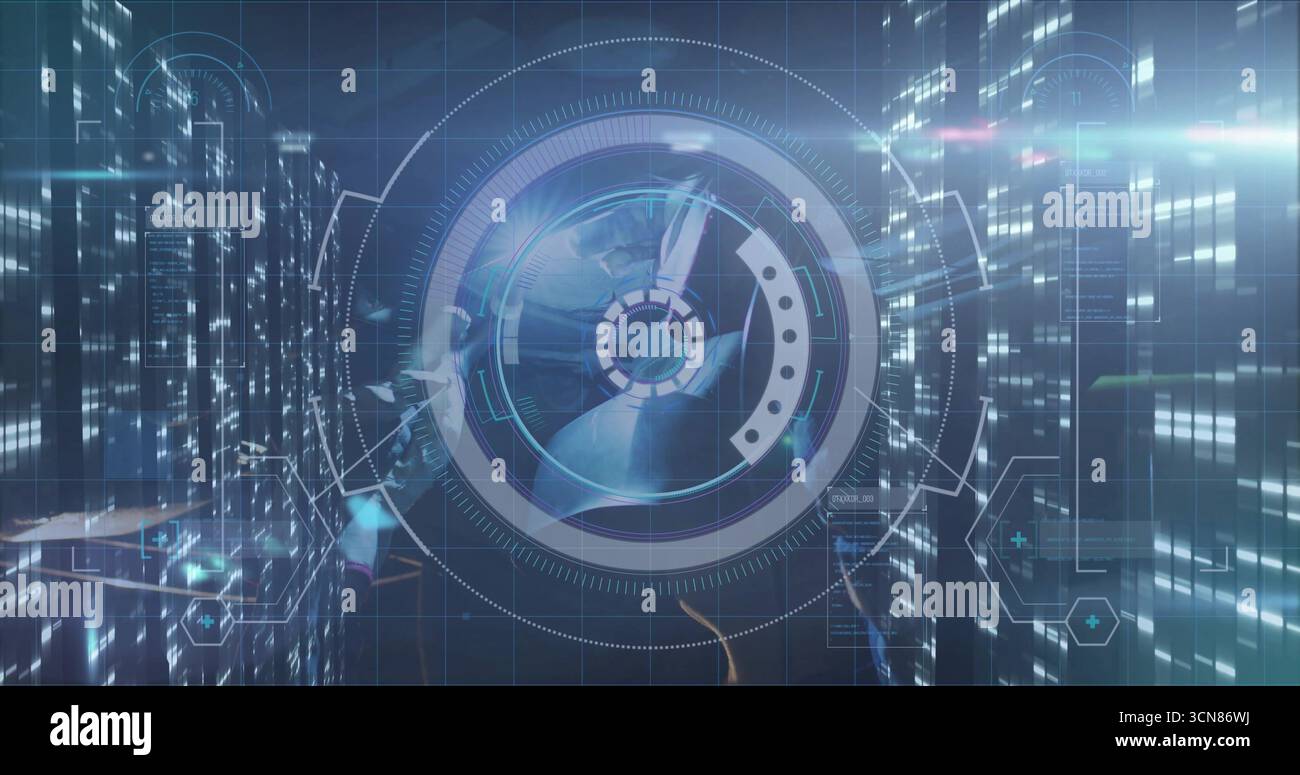 Displaying circular digital interface over nighttime skyline, with grid, hex icons and data lines Stock Photo