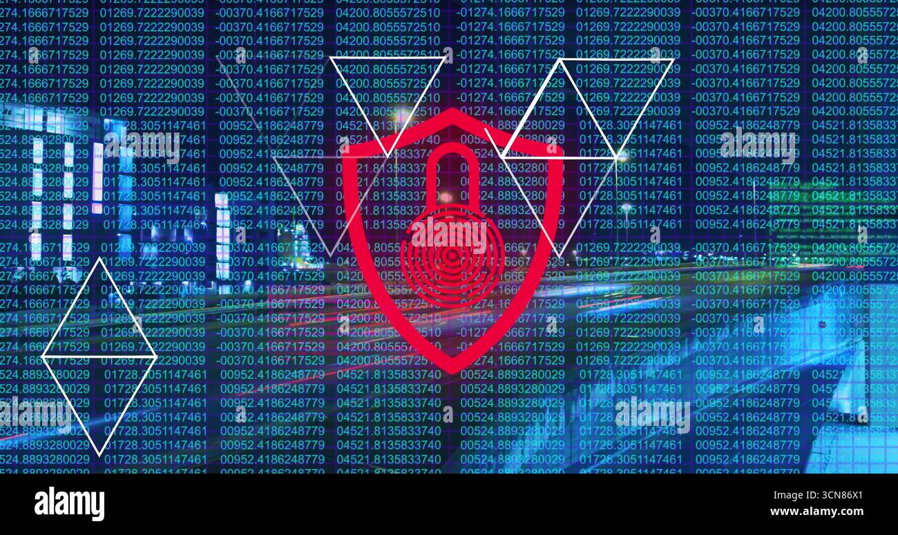 Displaying red shield icon with padlock and target rings on digital dashboard, with streaming code Stock Photo