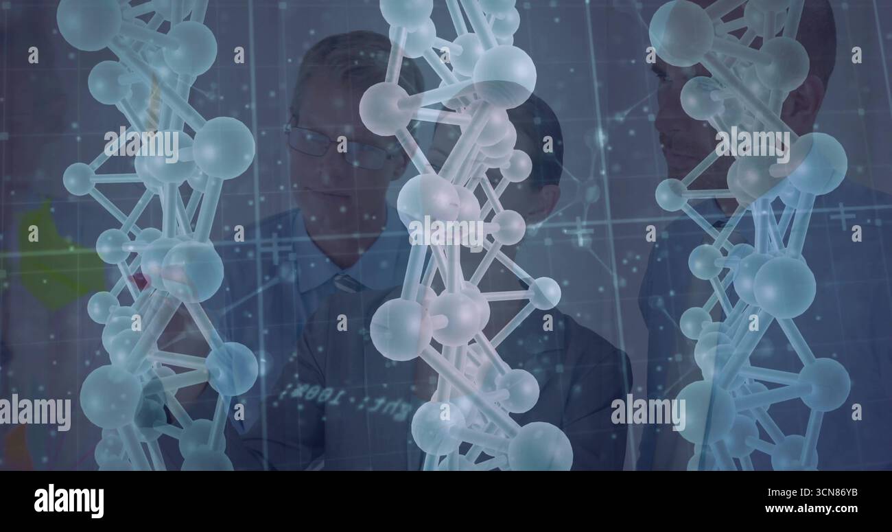 Lab Coat Floating Studying staff in lab wearing coats using grid display and floating DNA ...
