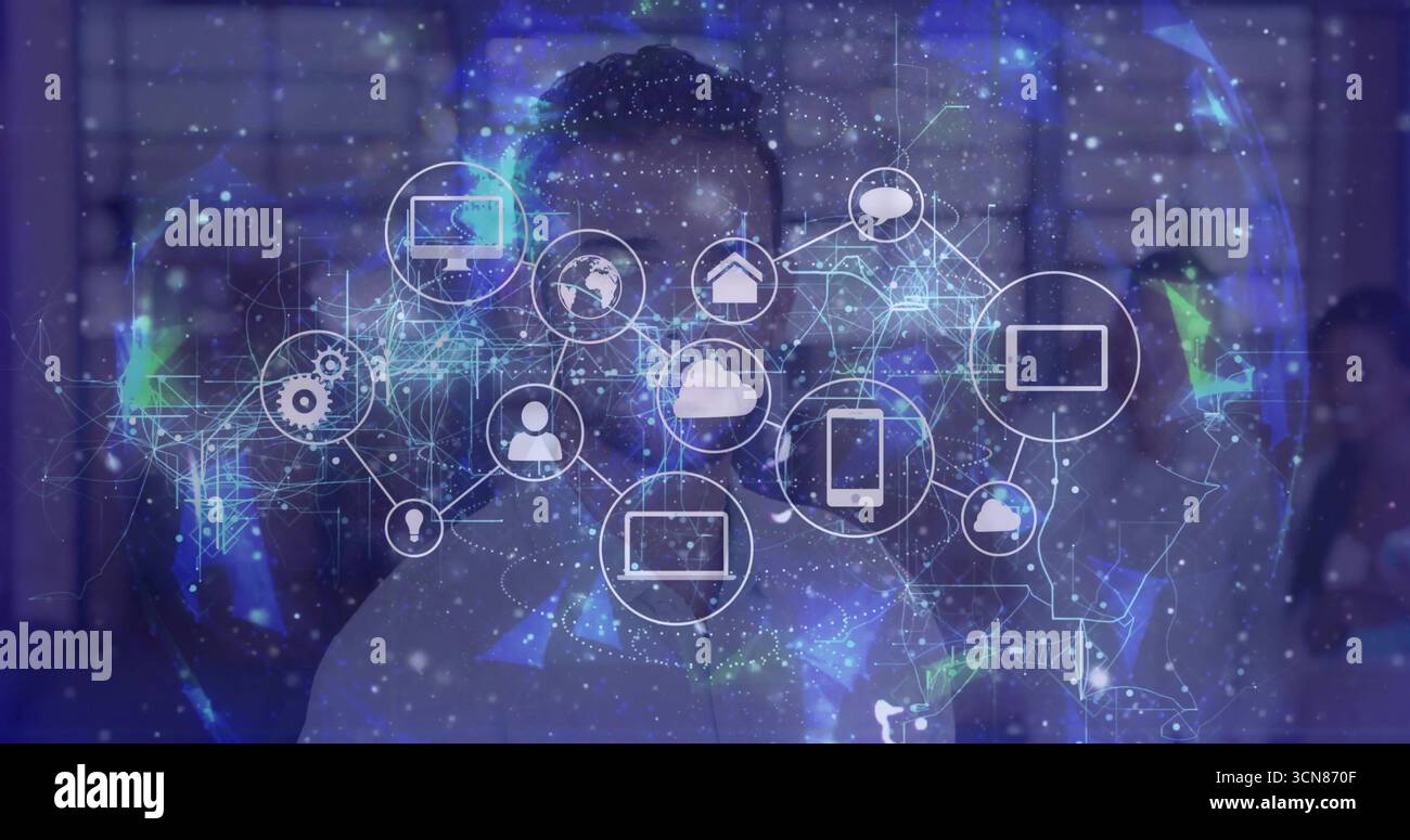 Three tech pros in suits examining holographic network in conference ...