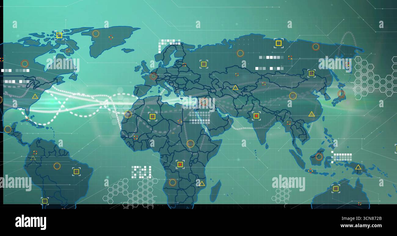 Presenting stylized world map in UI style, with dotted route lines, data markers, hex patterns Stock Photo