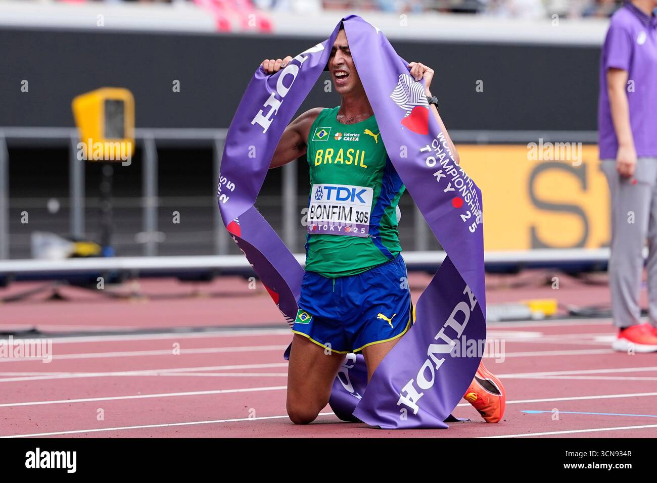 Brazil's Caio Bonfim reacts after winning the men's 20 kilometers race ...