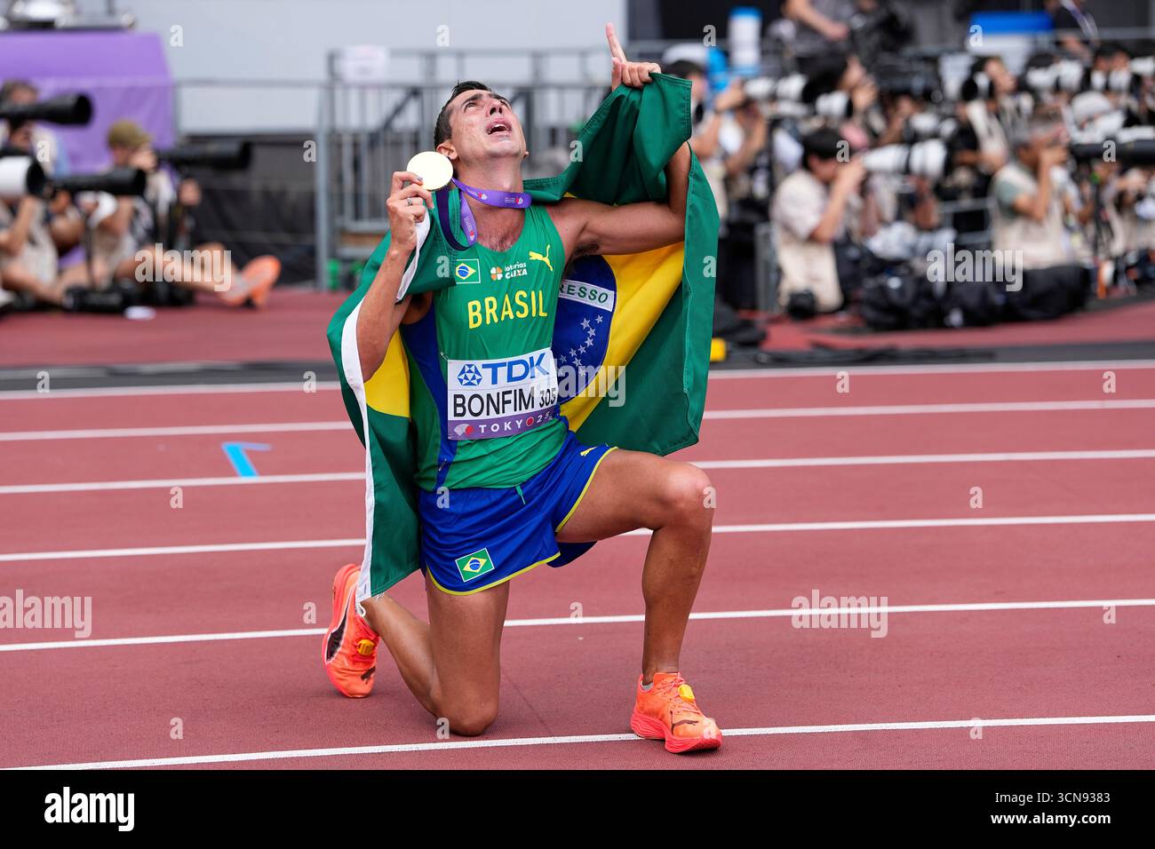 Brazil's Caio Bonfim reacts after winning the men's 20 kilometers race ...