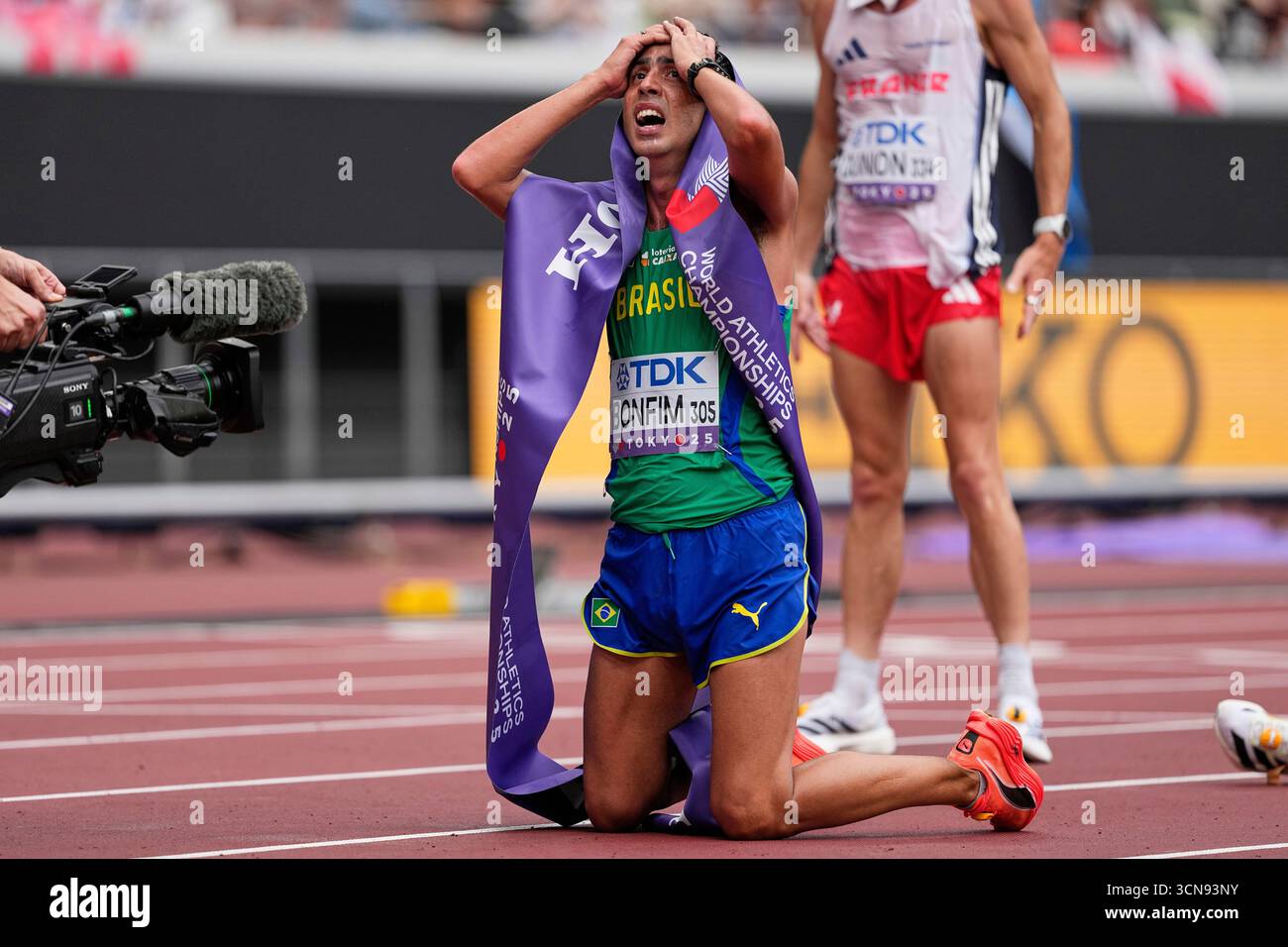 Brazil's Caio Bonfim reacts after winning the men's 20 kilometers race ...