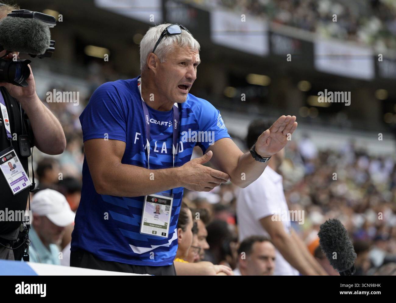 Coach Erki Nool of Finland during the women's heptathlon long jump at ...