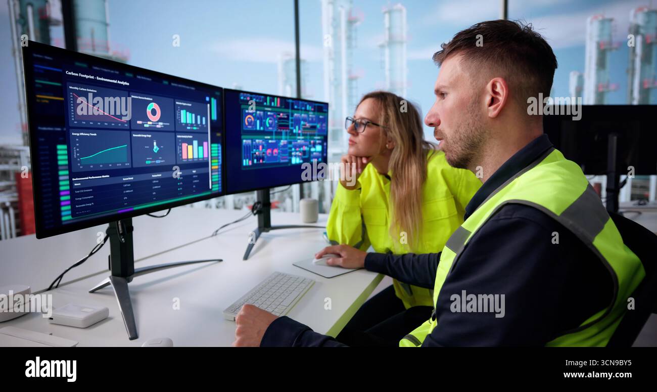 Engineer Operating An Industrial Data Automation System On Computer Screen. Stock Photo