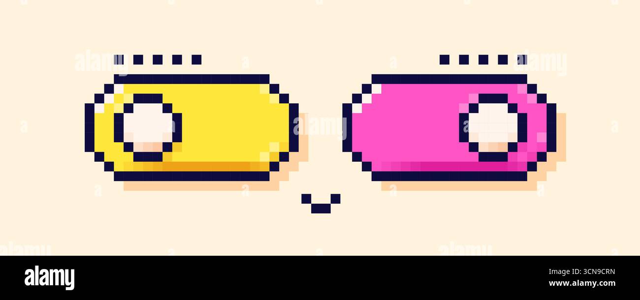 A funny cheerful face drawn from two pixel buttons with a switch. Y2k simple 8 bit bubbles. Stock Vector