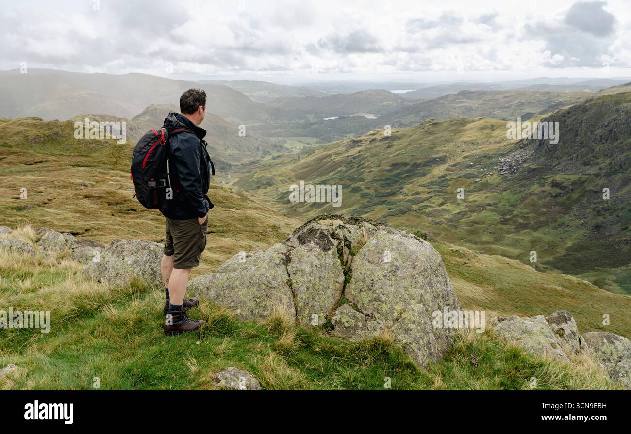 Looking down Far Easedale towards Grasmere and Windermere, Lake District, Cumbria, Stock Photo