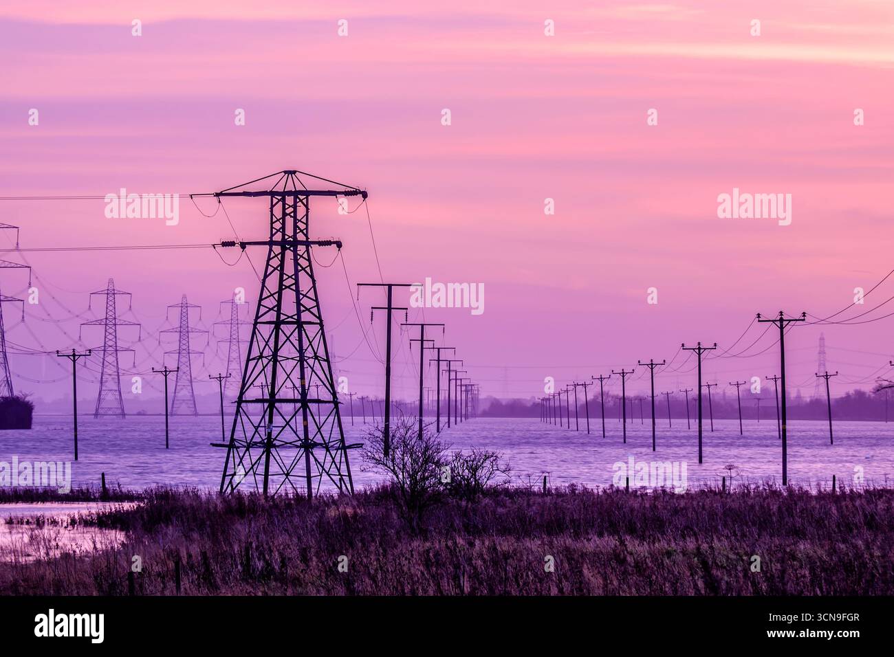 Electricity pylons and power lines standing in flooded fields under a ...