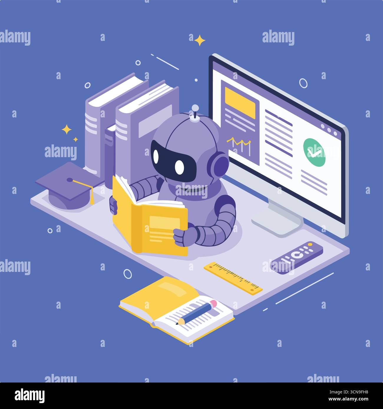 AI in education. Artificial intelligence robot reading book. Machine learning, automation, educational technology concept. Vector illustration. Stock Vector