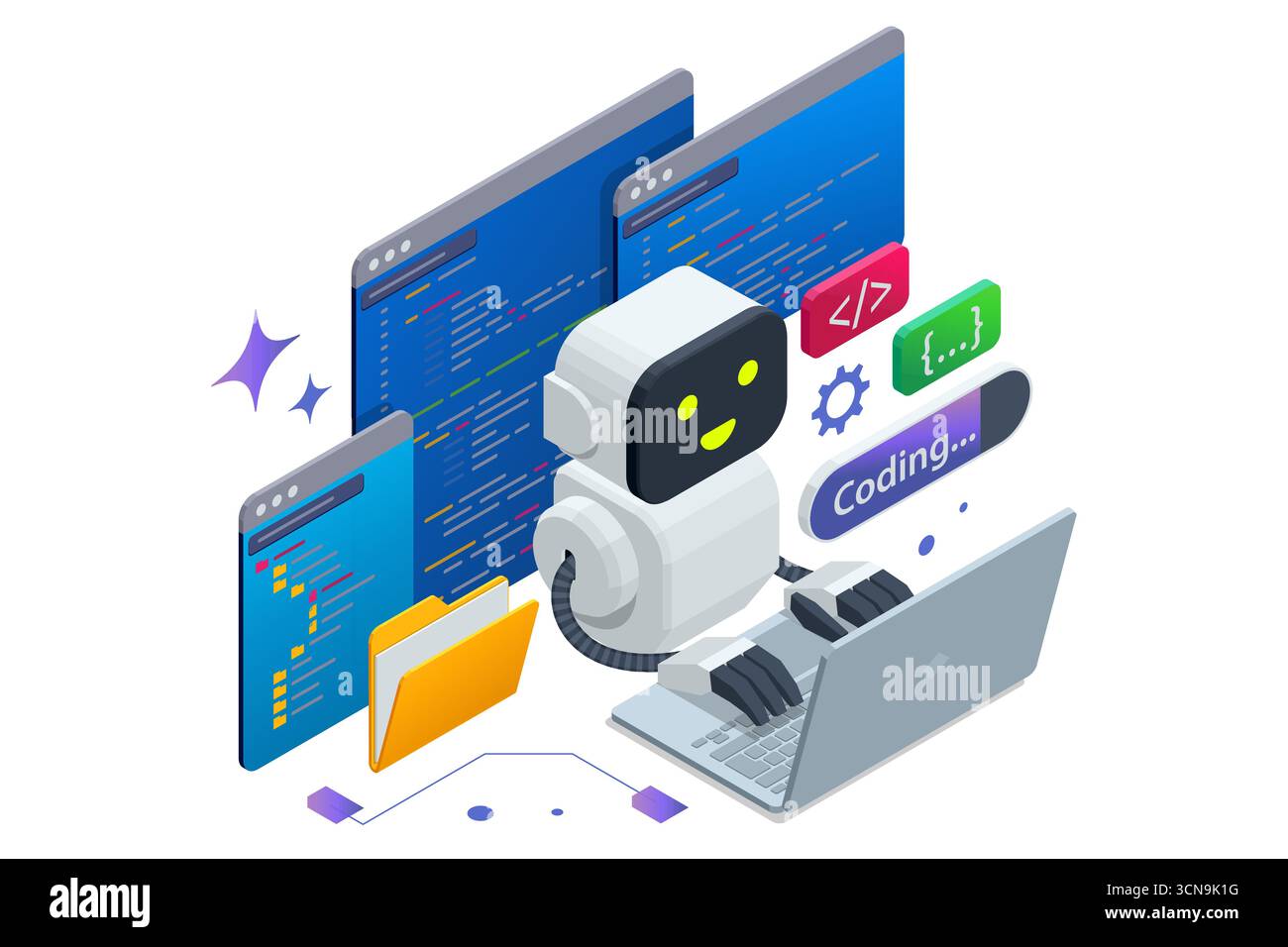 Isometric concept of AI coding assistant helping programmer write and optimize code. Artificial intelligence in software development. Programming and Stock Vector