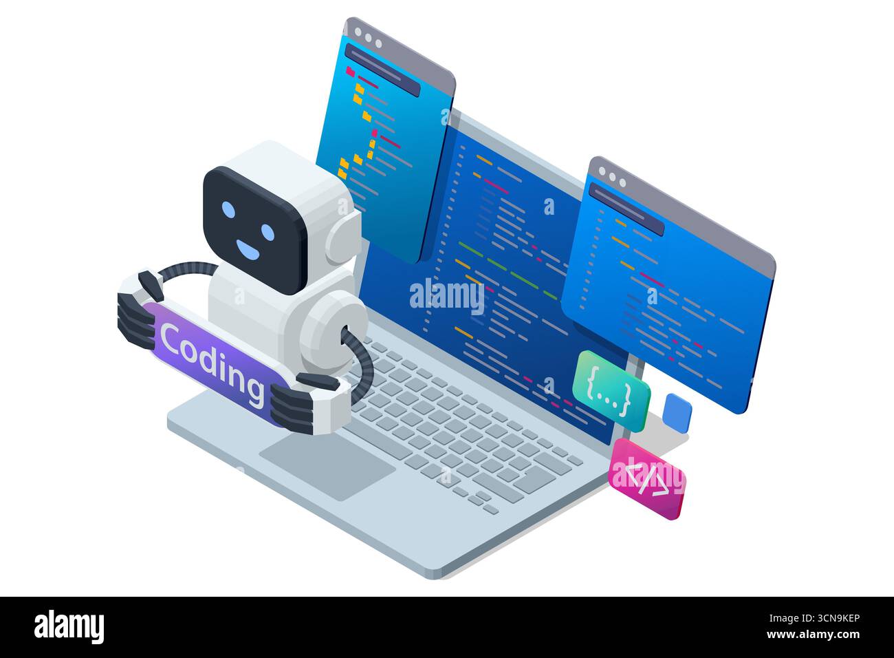 Isometric concept of AI coding assistant helping programmer write and optimize code. Artificial intelligence in software development. Creation digital Stock Vector